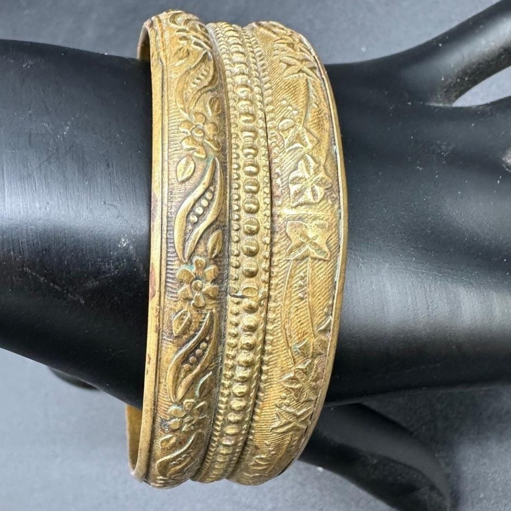 Vintage Brass Bangle Bracelet Victorian Style Floral Scroll Embossed Ornate Wide